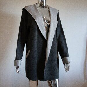 Dark Gray Long Cardigan With Light Gray Hood